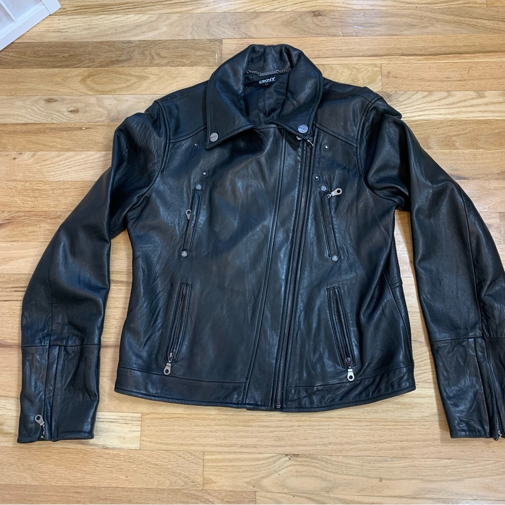 DKNY Black Calfskin Biker Jacket Leather Size Medium